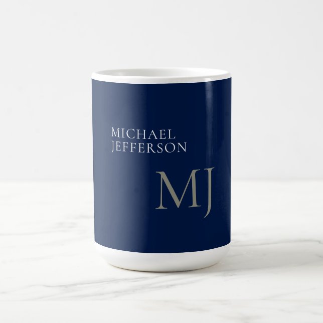 Monogram Plain Dark Blue Trendy Business Coffee Mug (Center)
