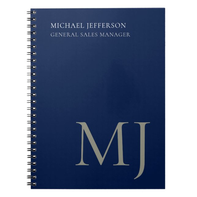 Monogram Plain Dark Blue Trendy Business Notebook (Front)