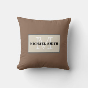 Monogram Plain Dark Brown-tangelo Background Throw Pillow