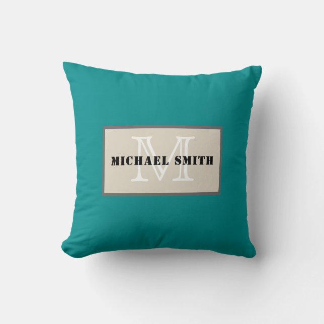 Monogram Plain Dark Cyan Background Throw Pillow (Front)