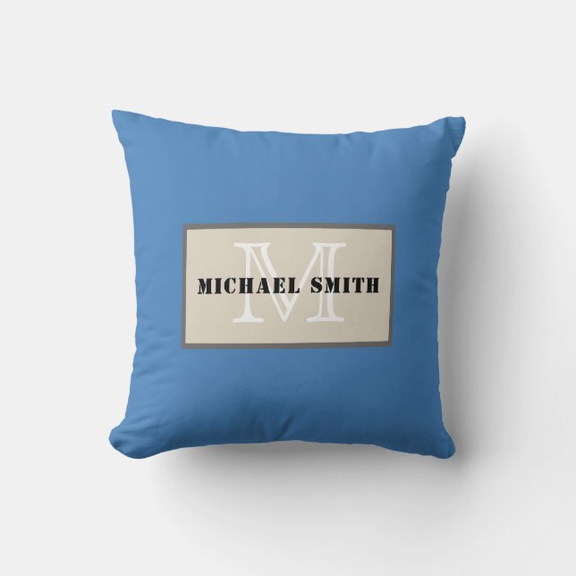 Monogram Plain Dark Cyan-blue Azure Background Throw Pillow (Front)