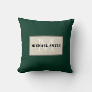 Monogram Plain Dark Green Background Throw Pillow