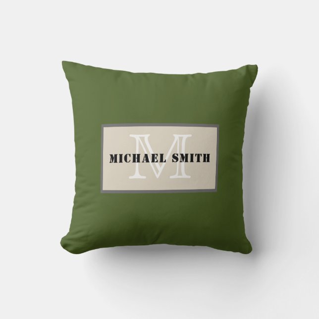 Monogram Plain Dark Moss Green Background Throw Pillow (Front)