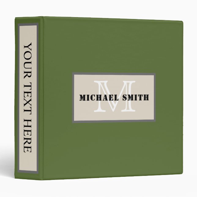 Monogram Plain Dark Olive Green Background Binder (Front/Spine)