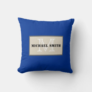 Monogram Plain Dark Powder Blue Background Throw Pillow