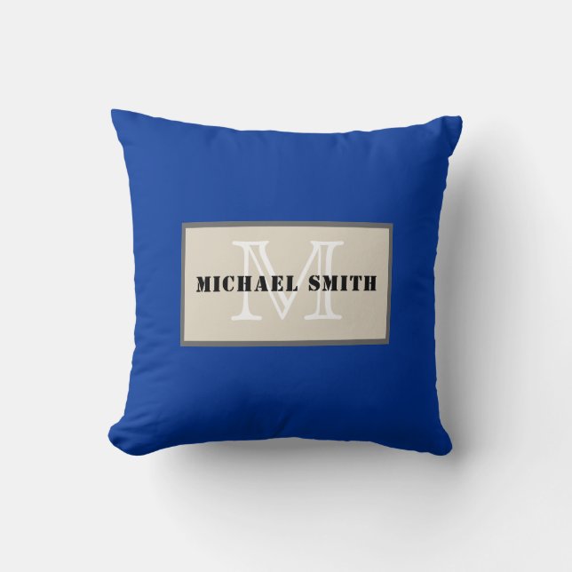 Monogram Plain Dark Powder Blue Background Throw Pillow (Front)