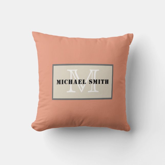 Monogram Plain Dark Salmon Background Throw Pillow (Front)