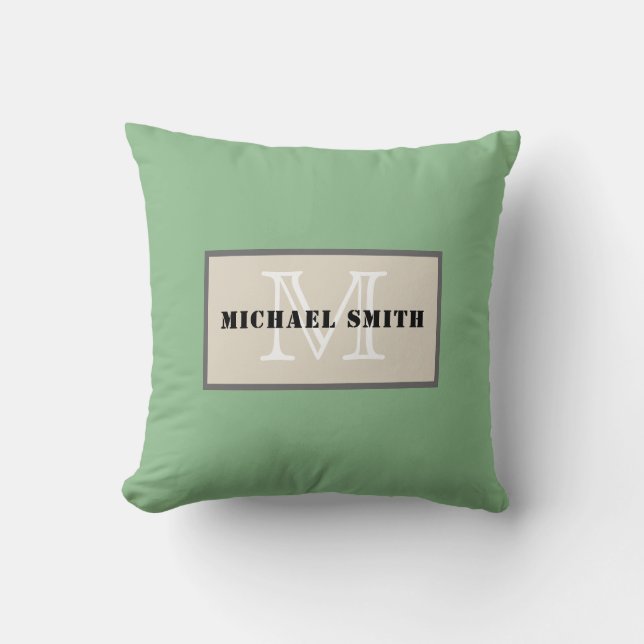 Monogram Plain Dark Sea Green Background Throw Pillow (Front)