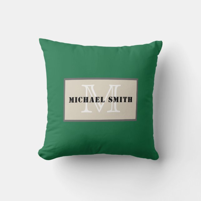 Monogram Plain Dark Spring Green Background Throw Pillow (Front)