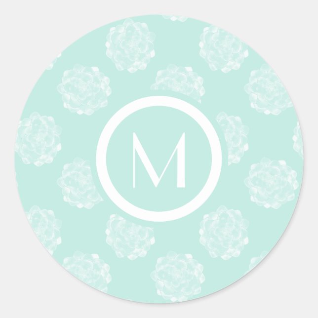 Monogram | Plant Happiness | Pastel Succulent Patt Classic Round Sticker (Front)