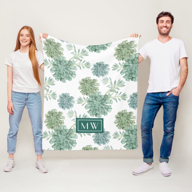 Monogram | Plant Happiness | Succulent Pattern Fleece Blanket (In Situ)