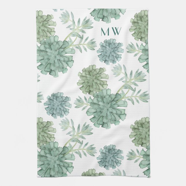 Monogram | Plant Happiness | Succulent Pattern Kitchen Towel (Vertical)