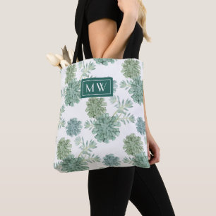 Monogram   Plant Happiness   Succulent Pattern Tote Bag