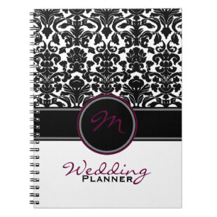 Monogram Plum Black White Damask Wedding Planner Notebook