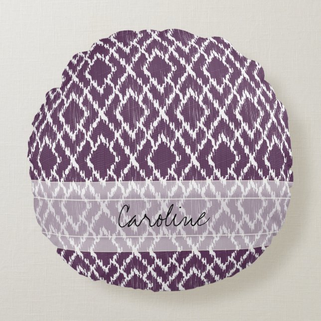 Monogram Plum Purple Tribal Ikat Diamond Pattern Round Pillow (Front)