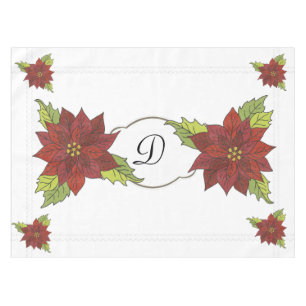 Monogram Poinsettias on White Holiday Tablecloth