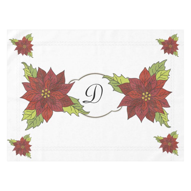 Monogram Poinsettias on White Holiday Tablecloth (Front (Horizontal))