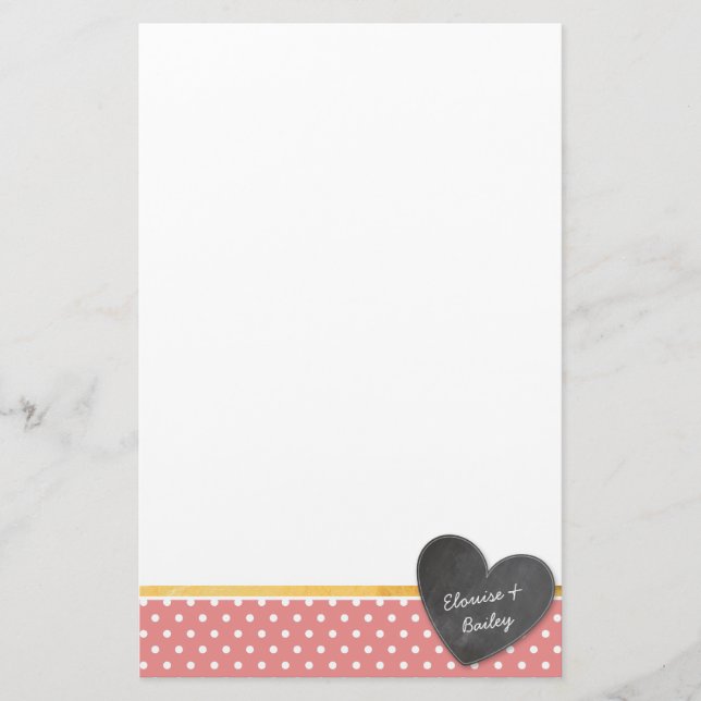 MONOGRAM polka dot chalkboard heart coral Stationery (Front)