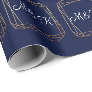 Monogram Polygonal Blue Navy Gold Geometry Wedding Wrapping Paper
