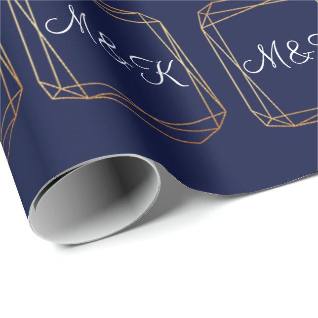 Monogram Polygonal Blue Navy Gold Geometry Wedding Wrapping Paper (Roll Corner)