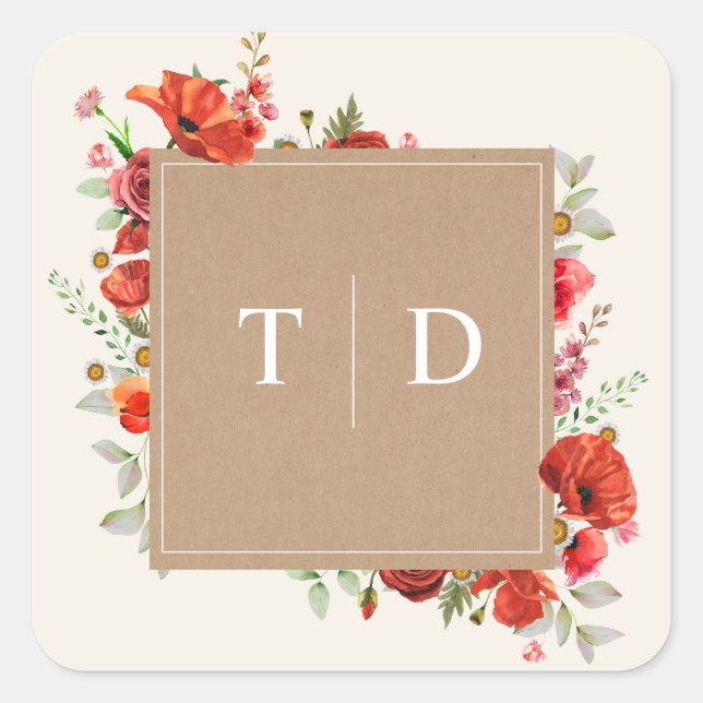 Monogram Poppy Wildflower Cardstock Wedding  Squar Square Sticker (Front)