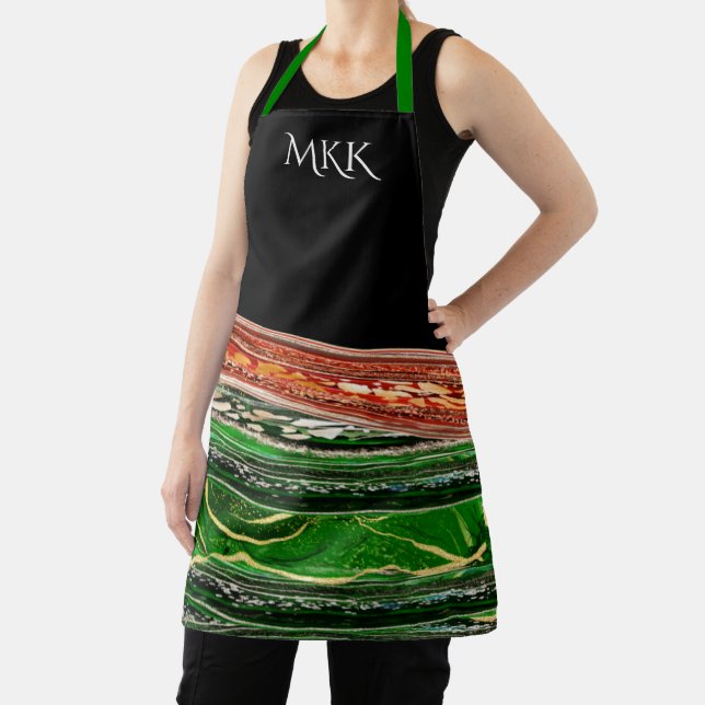 Monogram Posh Red and Green Glam Apron (Insitu)