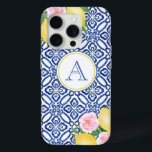 Monogram Positano Lemons Blue White Italian Tiles iPhone 15 Pro Case<br><div class="desc">Handpainted lemons accented with pink watercolor flowers against a vintage blue and white tile pattern background.</div>