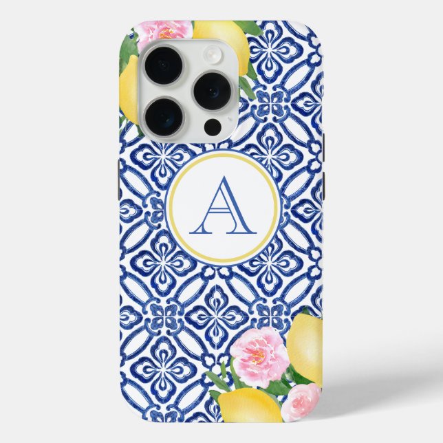 Monogram Positano Lemons Blue White Italian Tiles Case-Mate iPhone Case (Back)