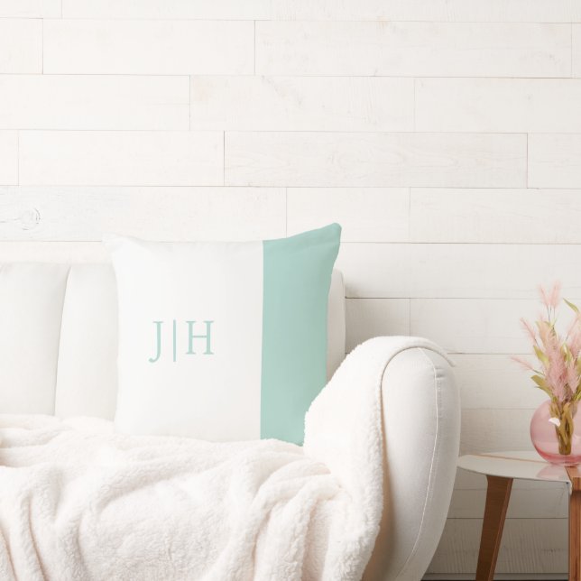 Monogram Preppy Mint Green Wide Stripe & White Throw Pillow (Couch)