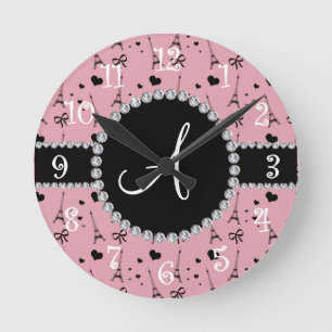 Monogram pretty pink eiffel tower pattern round clock