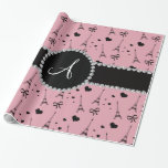 Monogram pretty pink eiffel tower pattern wrapping paper<br><div class="desc">Modern eiffel tower gift ideas. Chic and trendy Monogram pretty pink eiffel tower, hearts and ribbons with pretty black diamond encrusted circle (faux not real diamonds) and bling black diamonds stripe ( not real diamonds) dots and hearts and monogram gifts or your initials, letter change to any letter a, b,...</div>