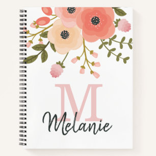 Monogram Pretty Pink Floral Greenery Notebook