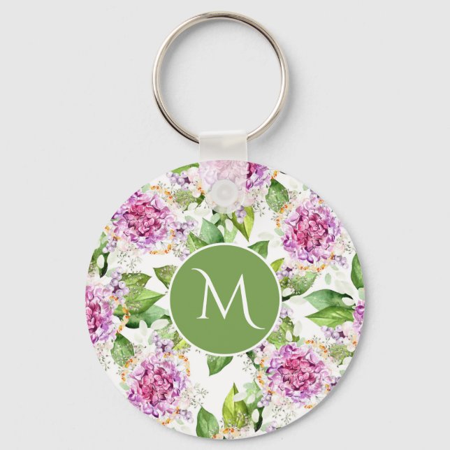 Monogram Pretty Purple Green Watercolor Floral Keychain (Front)