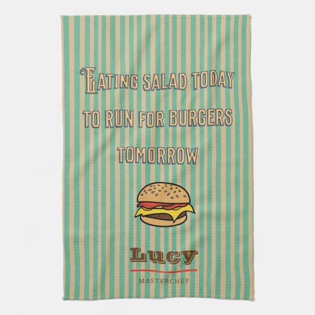 Monogram pretty retro pattern with cute hamburger kitchen towel (Vertical)