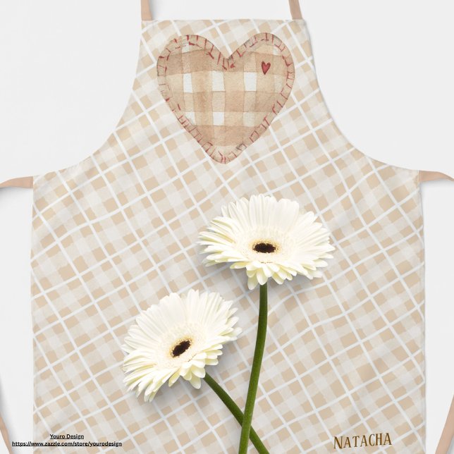 Monogram Pretty rustic heart and tartan Brown Apron (Creator Uploaded)