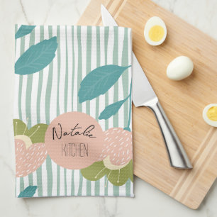 Monogram pretty stylish Script Retro Floral blue Kitchen Towel