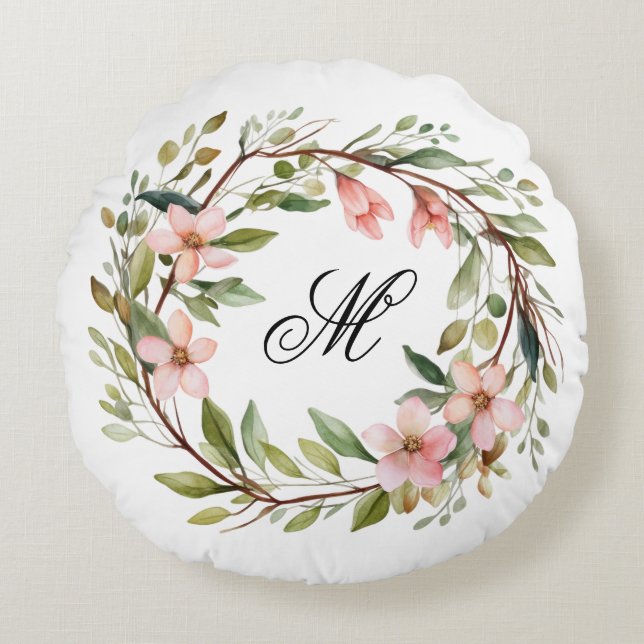Monogram Pretty Twig and Wildflower Wreath Round Pillow (Front)