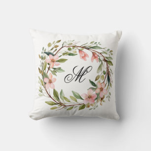 Monogram Pretty Twig and Wildflower Wreath Throw Pillow