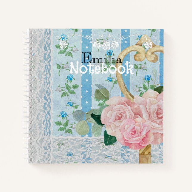 Monogram Pretty vintage floral background Blue Notebook (Front)