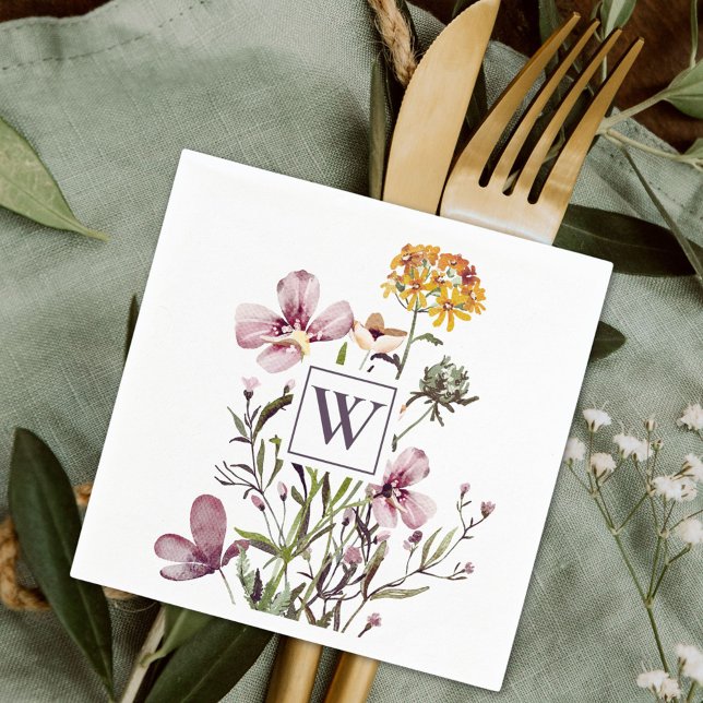 Monogram Pretty Wildflower Floral Bouquet Napkin (In situ)