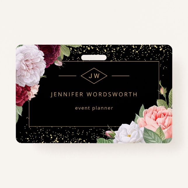 Monogram Professional Elegant Floral Rose Black Badge (Front)