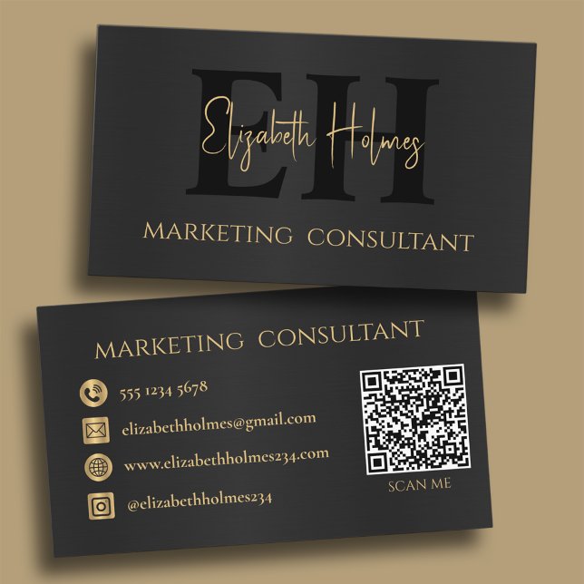 Monogram Professional Elegant Modern Black Gold QR Business Card (Creator Uploaded)
