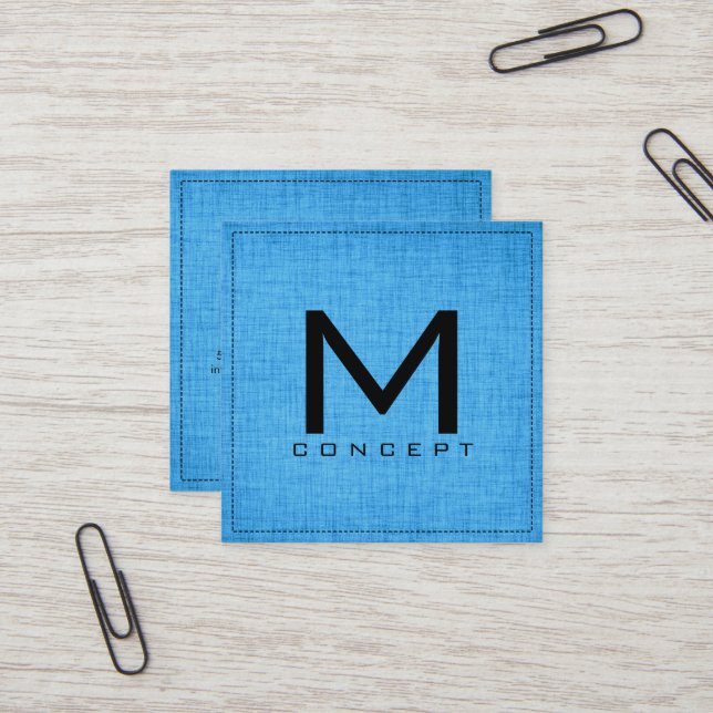 Monogram Professional Elegant Modern Blue Wood Square Business Card (Front/Back In Situ)