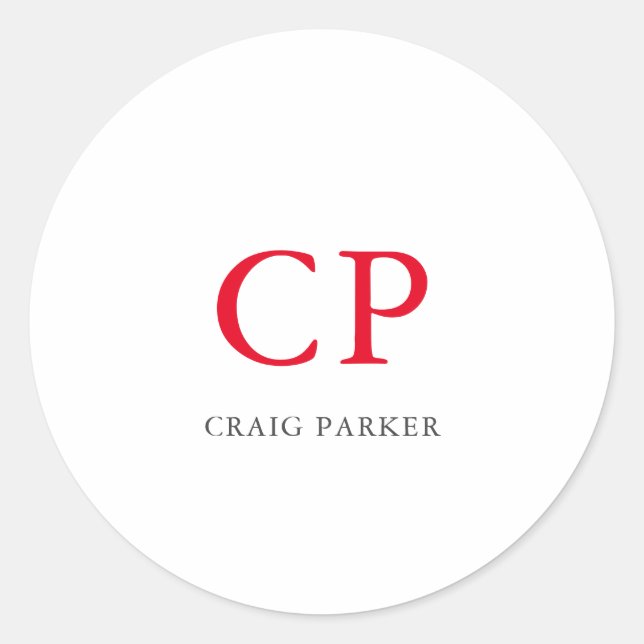 Monogram Professional Plain Red White Initials Classic Round Sticker (Front)