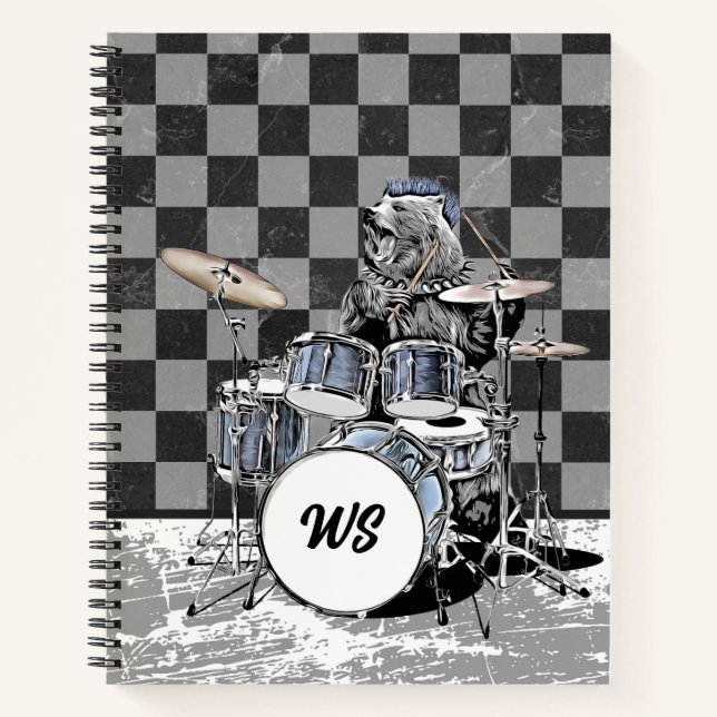Monogram Punk Rock Drummer Bear Drum Kit Musician Notebook (Front)