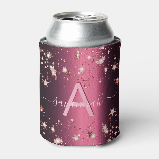 Monogram purpe pink stars rose gold name can cooler (Can Front)