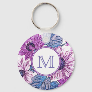 Monogram Purple and Blue Vintage Flower Art Keychain