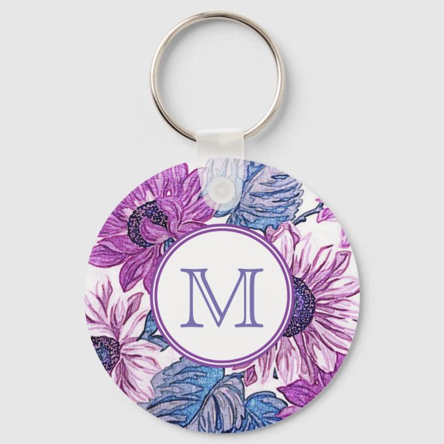 Monogram Purple and Blue Vintage Flower Art Keychain (Front)