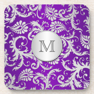 Monogram Purple and Silver Damask Coaster Set (6)