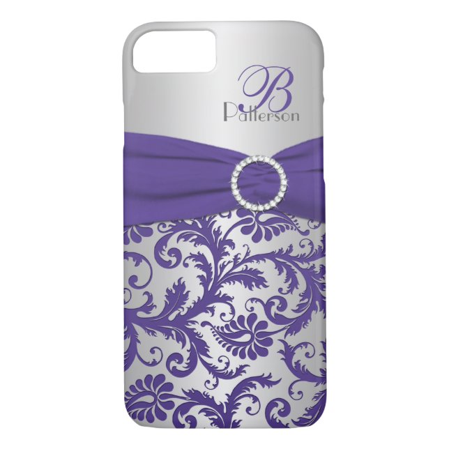 Monogram Purple and Silver Damask iPhone 7 Case (Back)
